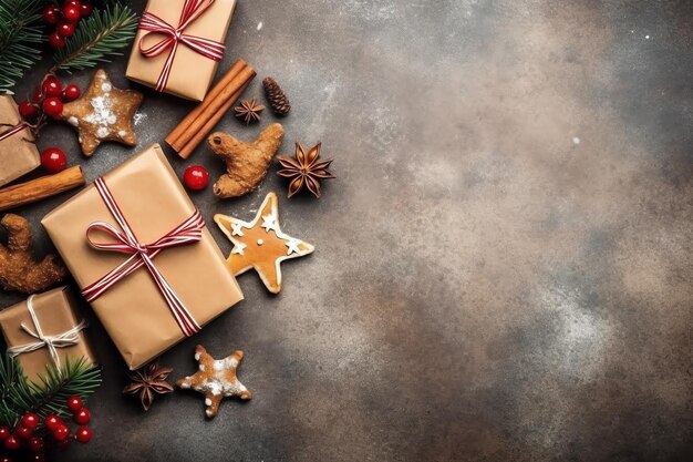 Kerstcompositie met geschenkdozen kaartballen dennentakken dennenappels met kopieerruimte Kerstmis