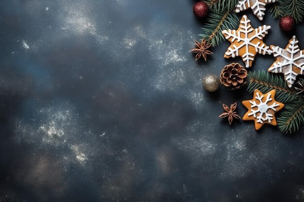 Kerstcompositie met geschenkdozen kaartballen dennentakken dennenappels met kopieerruimte Kerstmis