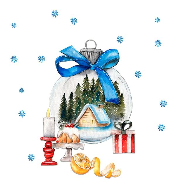 Kerstcompositie met glazen bal met houten huis in sneeuw en bos achterin