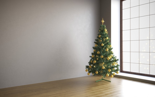 Kerstconcept interieur kamer kerstboom witte kamer interieur met houten vloer