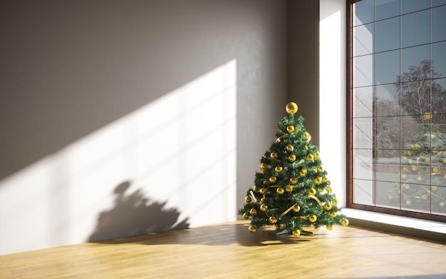 Kerstconcept interieur kamer kerstboom witte kamer interieur met houten vloer