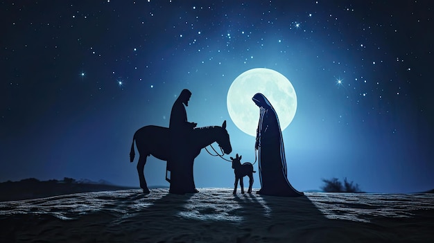 Foto kerstconcept van de geboorte silhouet maria en jozef op reis door de woestijn met een ezel
