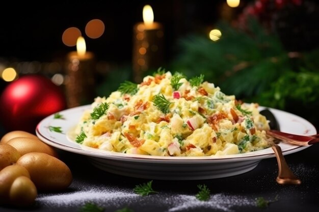 Kerstconcept van lekker eten met Olivier salade en bokeh