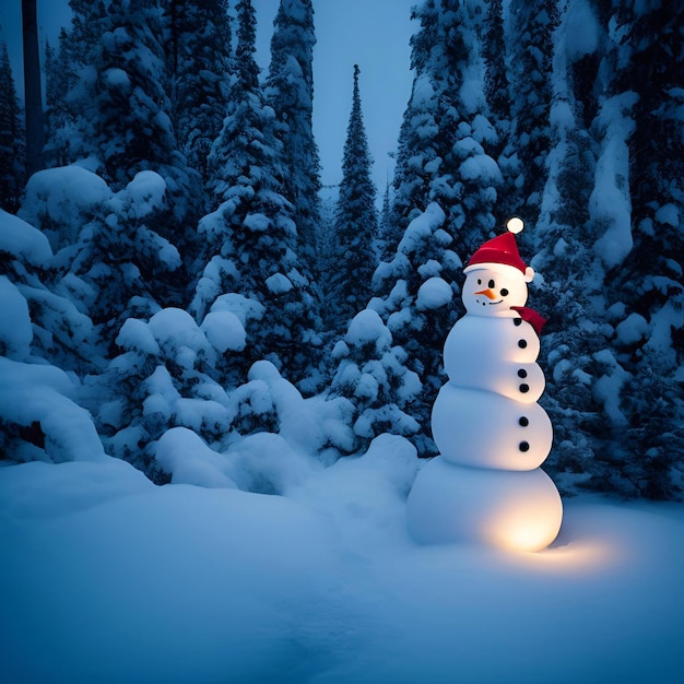 Kerstdag kerstboomversiering geschenken ster bal kleur sneeuwpop achtergrond close-up in een sneeuw dennenbos avond verlichting illustratie art