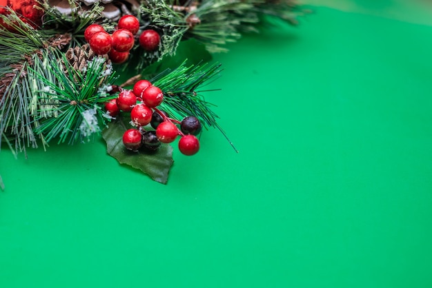 Kerstdecoratie dennen tak in sneeuw bessen en dennenappel op groen