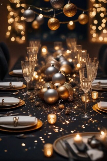 Foto kerstdecoratie familie dinertafel nieuwjaarsfeest luxe elegante ai gegenereerd