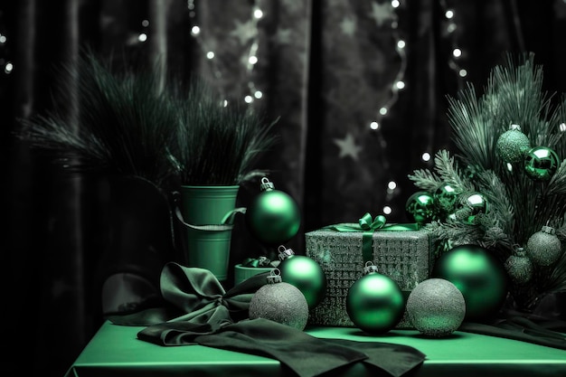 Kerstdecoratie in monochroom groen Smaragd Nieuwjaars achtergrond met kopie Ruimte