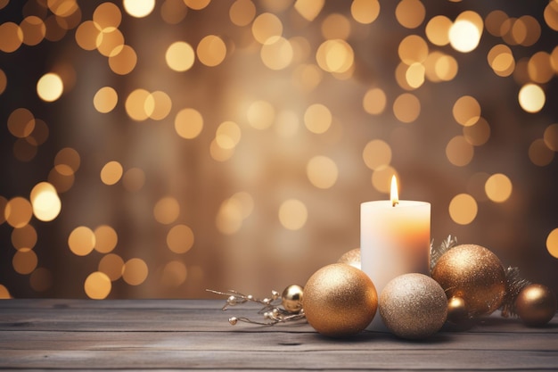 Kerstdecoratie Kerstballen op een houten tafel bokeh lichten achtergrondkopieruimte