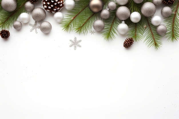 Kerstdecoratie met dennentakken en kerstballen op een witte achtergrond met kopieerruimte AI gegenereerde illustratie
