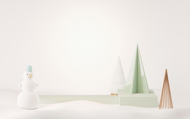 Kerstdecoratie met geschenken en dennenbomen podium Witte pastel blauwe achtergrond 3D render