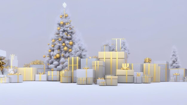 Kerstdecoratie met papieren dennenbomen en witte geschenkdoos op witte achtergrond 3D-rendering