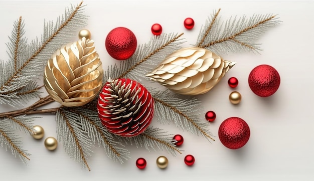 Kerstdecoratie met rode en gouden ballen en dennenappels op een witte achtergrond