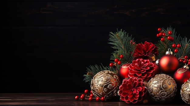 Kerstdecoratie op donkere achtergrond met rode bloemen