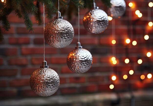 Kerstdecoratieve ballen die aan een bakstenen muur hangen Kerstconcept Generatieve AI