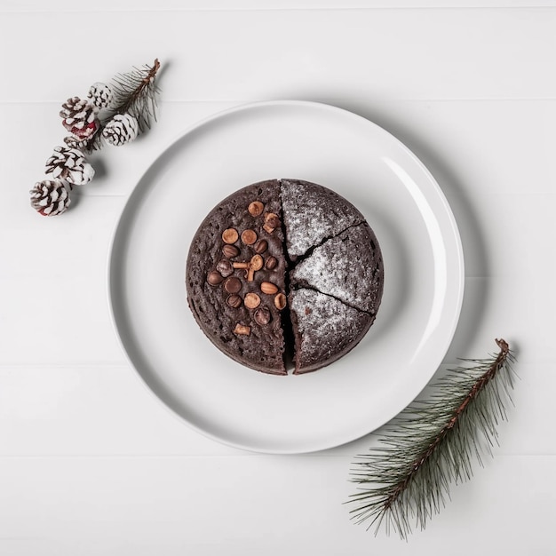 Kerstdesserts Een bord met daarop een stuk chocolate chip cake en een dennetak aan de zijkant