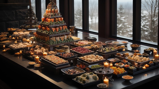 kerstdiner tafel vol gerechten met voedsel UHD behang