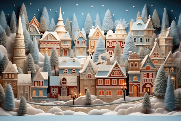 Kerstdorp met schattige huizen Gelukkig nieuwjaar en prettige kerstdagen Genative Ai Art Winter