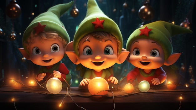 Foto kerstelfen in het kerstuniversum met kerstballen en kerstverlichting pixar
