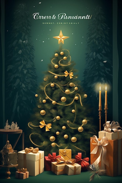 kerstevenement poster sjabloon met een kerstboom en geschenken