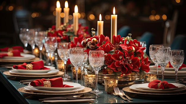 Kerstfeest tafel met sprankelende servies en bestek rijke rode bloemen kaarsen