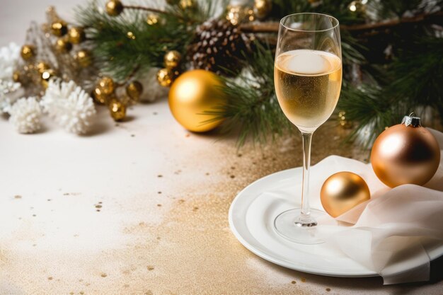 Kerstfeest tafelinrichting met champagne Vakantie diner thuisfeest Generatieve AI illustratie