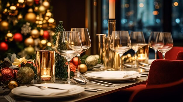 Kerstfeesten en Nieuwjaarsviering dinertafel in een luxe restaurant of hotel in Engelse stijl wijn voorgerechten en kerstboomversiering feestfeest en uitnodiging voor evenementen