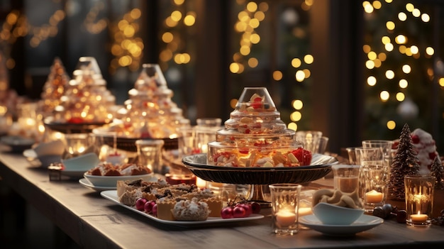 Foto kerstfeesten zoete gerechten fijn diner buffet tafelgerechten snacks desserts dranken decoratie