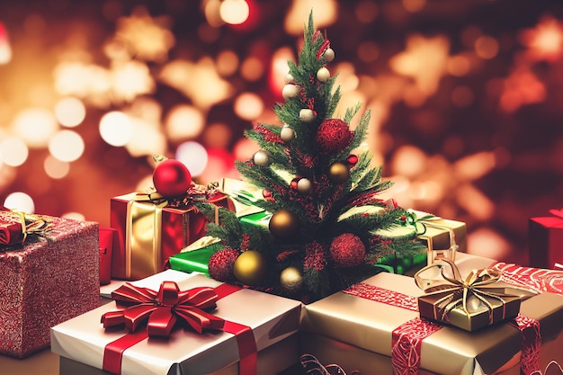 Kerstfestivaldecoratie met geschenkdozen stapel spectaculaire kerstboom