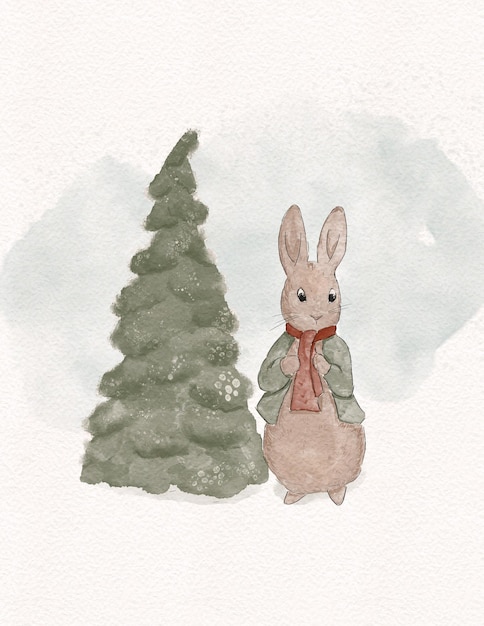 kerstfoto voor wenskaart, peter konijn, aquareltekening
