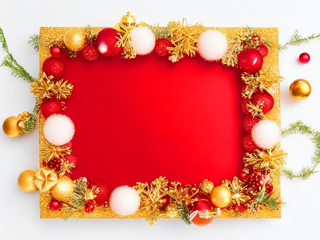 Foto kerstframe met een mix van rode en gouden kerstversieringen op een schone witte achtergrond