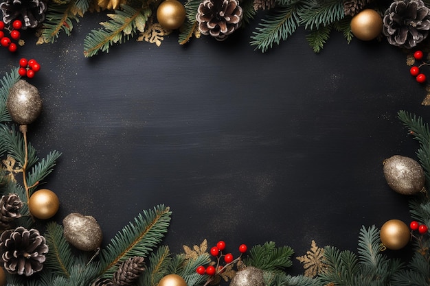 Kerstframe van gouden en blauwe kerstversieringen op krijtbord gegenereerd door AI