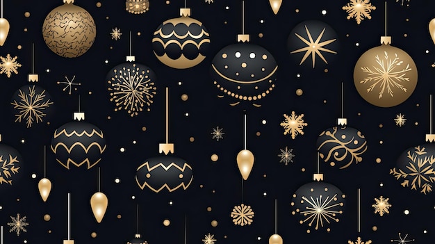 Foto kerstgoud- en zilveren versieringen op een donkere zwarte achtergrond, platte ontwerpprincipes om een visueel opvallende en geavanceerde compositie te creëren.