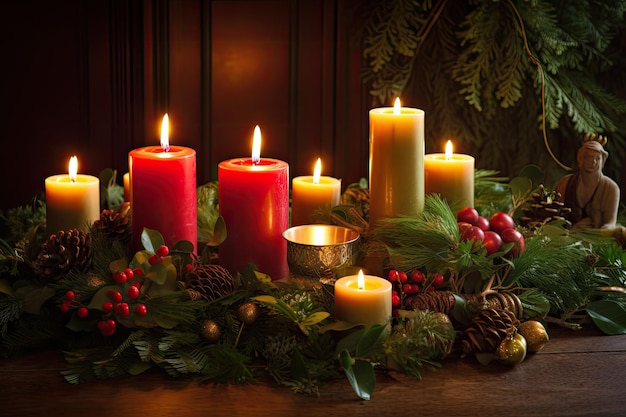 Kerstgrens versierd met kransen, kaarsen en groen