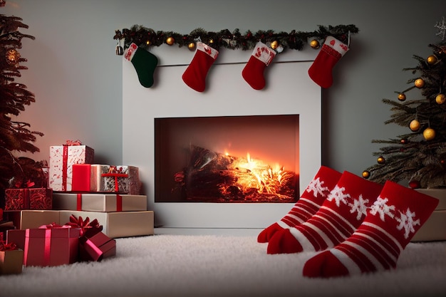 Kersthaard in de kamer naast ballen Kerstboom Kerstcadeautjes