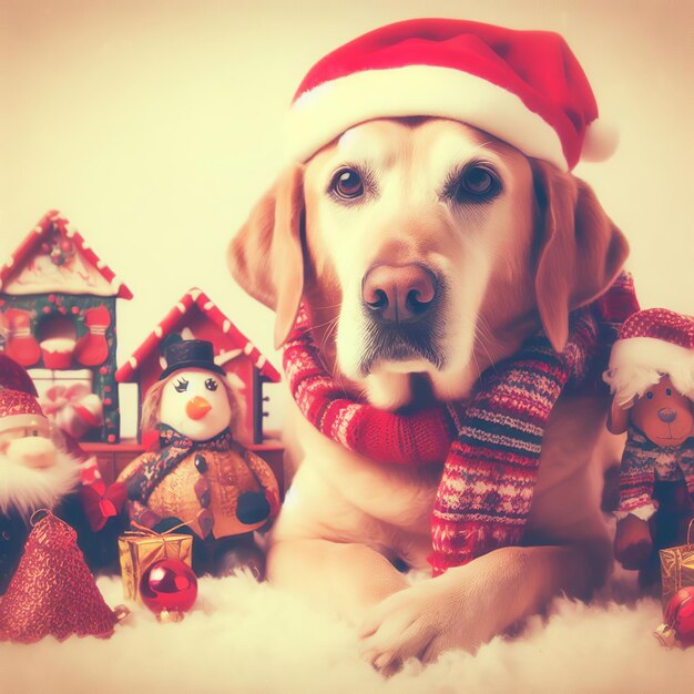 Foto kersthond met de kerstman en het peperkoekhuis op witte achtergrond