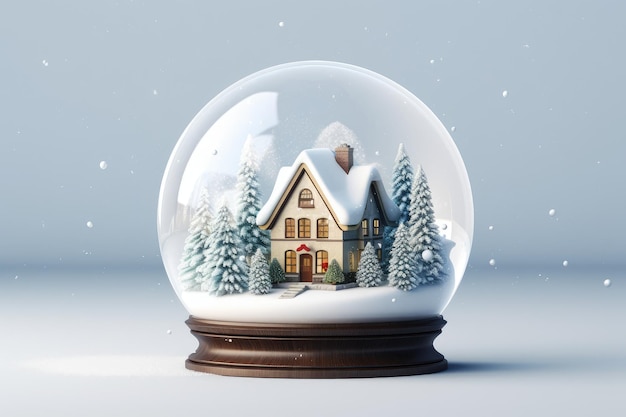 Kersthuis in de sneeuw in een sneeuwglasbol Generatieve AI