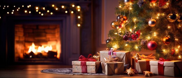 Kersthuiskamer Geschenkdoos onder boom met verlichting en open haard