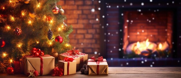 Kersthuiskamer Geschenkdoos onder boom met verlichting en open haard