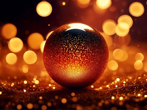 Kerstillustratie in gouden kleuren met grote bal wazige lichten, heldere glitters en bokeh-effect Generatieve AI