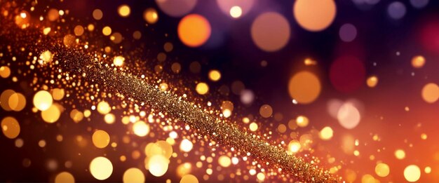 Kerstillustratie in gouden kleuren met wazige lichten, heldere glitters en bokeh-effect Generatieve AI