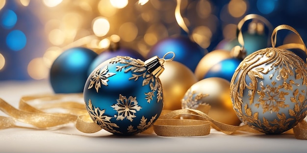 Kerstillustratie met blauwe en gouden ballen en andere decoraties Generatieve AI