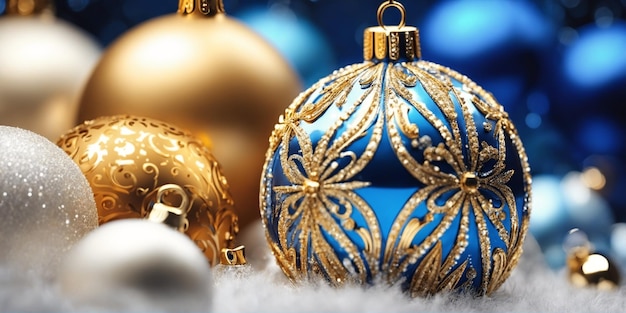 Kerstillustratie met blauwwitte en gouden ballen en andere versieringen Generatieve AI