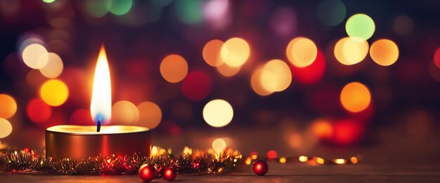Kerstillustratie met brandende kaars, kleine rode ballen en andere decoraties Generatieve AI