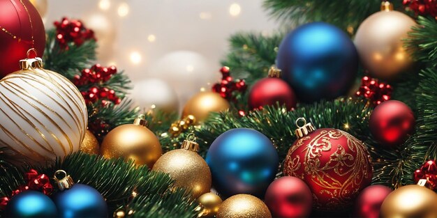 Kerstillustratie met kerstboom takken gekleurde ballen en andere decoraties Generatieve AI