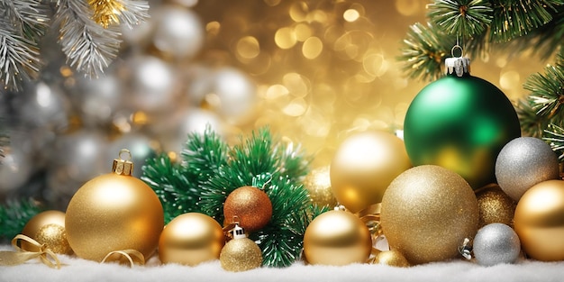 Kerstillustratie met kerstboom takken groene en gouden ballen en andere decoraties Generatieve AI