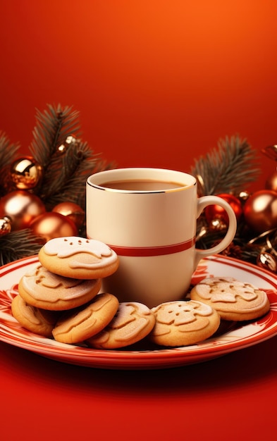 Kerstillustratie met koffie en koekjes op de rode tafel