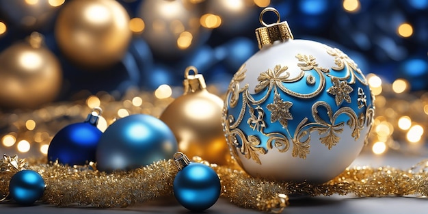 Kerstillustratie met witte, blauwe en gouden ballen en andere versieringen Generatieve AI