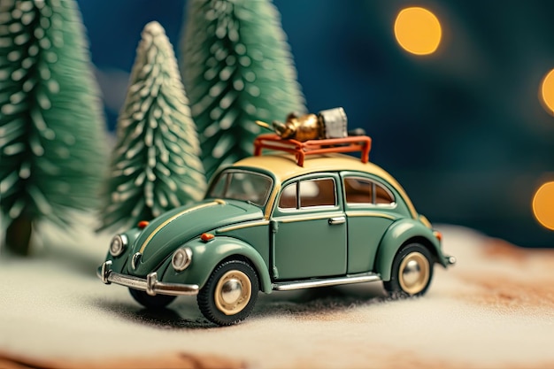 Kerstillustratie retro auto met cadeau doos en winter vakantie speelgoed auto op kerstbomen