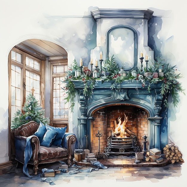 Kerstinterieur met open haard aquarel