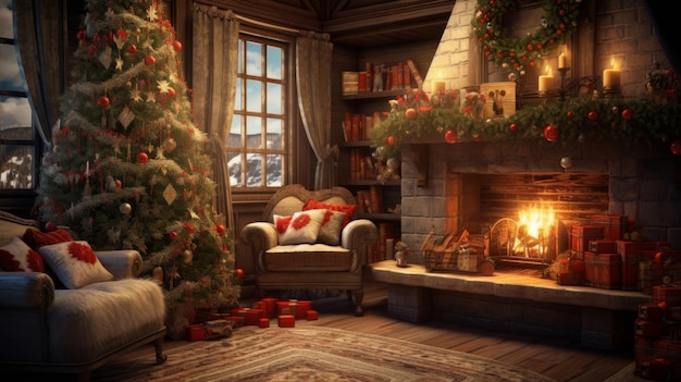 Kerstinterieur met open haard en kerstboom